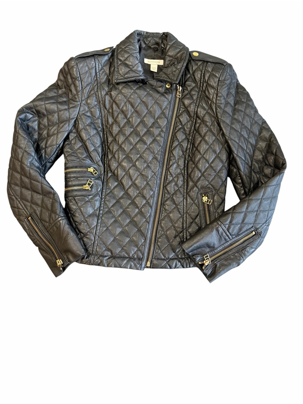 Boston Proper Quilted Genuine Leather Moto Jacket Black Gold Zip Size 4